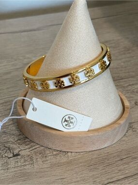 Tory Burch Gold and White Enamel Logo Bangle Bracelet